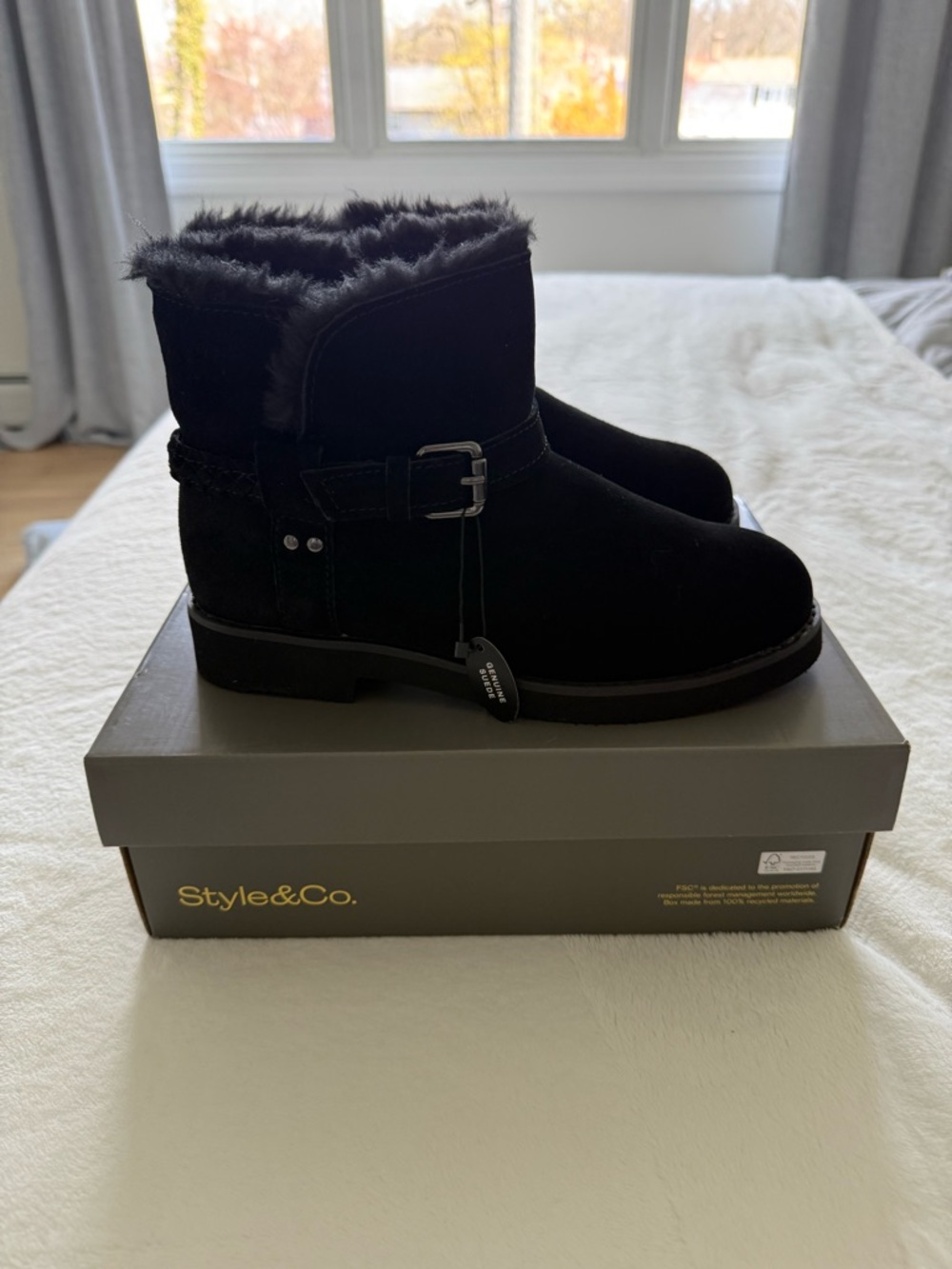 NWT Style & Co. Black Faux Fur Buckle Ankle Boots